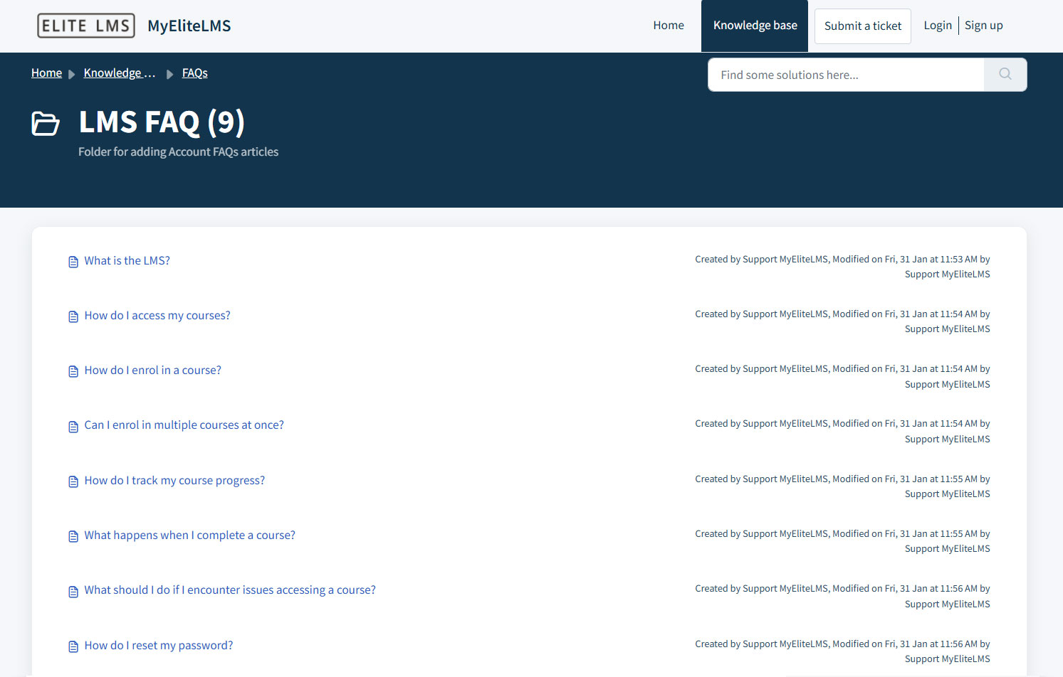 screenshot of frequently asked questions on the helpdesk